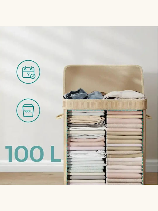 Songmics Coș de rufe Bamboo 100lt cu capac 55x34x61cm Bej
