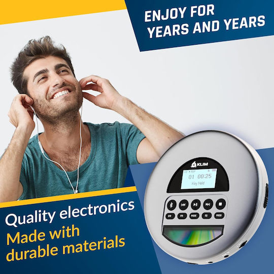 Player CD Portabil Bluetooth Radio FM Cititor Card TF Protecție Anti-șoc Dublu Mufă Jack Baterie Reîncărcabilă Cablu Aux Klim Fusion Căști Incluse Conexiune Sistem Audio Auto