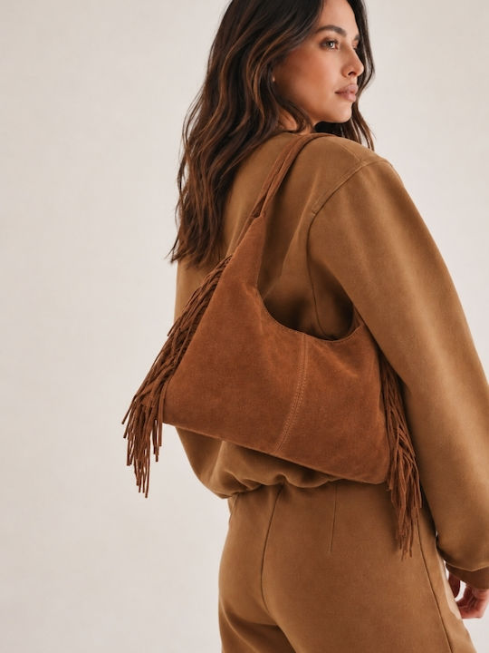 Fabric Women's Suede Shoulder Bag With Brown Fringes