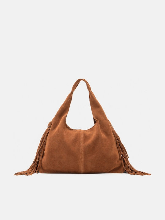 Fabric Women's Suede Shoulder Bag With Brown Fringes