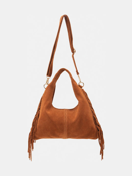 Fabric Women's Suede Shoulder Bag With Brown Fringes
