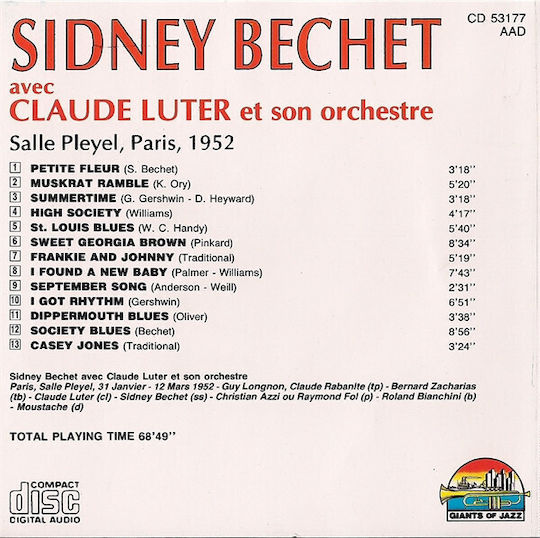 Sidney Bechet Avec Claude Luter Et Son Orchestre Salle Pleyel Paris 1952 Cd