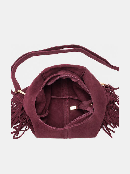 Fabric Women's Suede Shoulder Bag With Burgundy Fringes