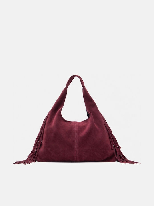 Fabric Women's Suede Shoulder Bag With Burgundy Fringes