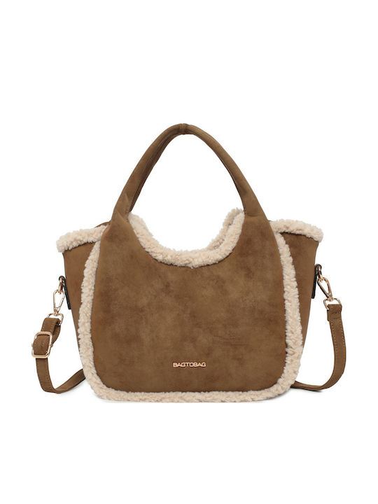 Damen-Schultertasche/Crossbody-Tasche aus Stoff und Fellimitat Suede Camel