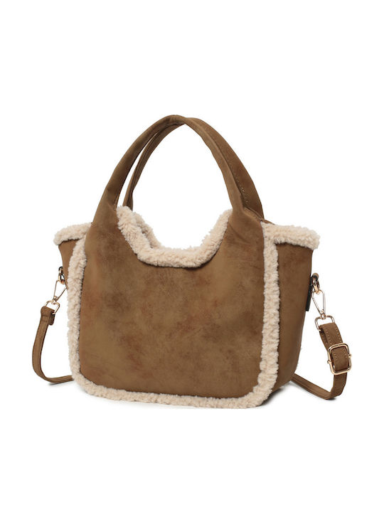 Damen-Schultertasche/Crossbody-Tasche aus Stoff und Fellimitat Suede Camel