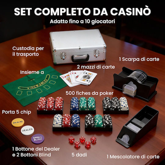 Sportnow Set of 500 Poker Chips 11.5gr in Suitcase with 5 Decks and Felt