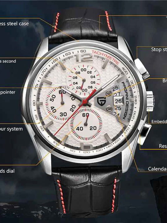 Pagani Design Ανδρικό Ρολόι 44mm Χρονογράφος Μπαταρίας με Δερμάτινο Λουράκι White