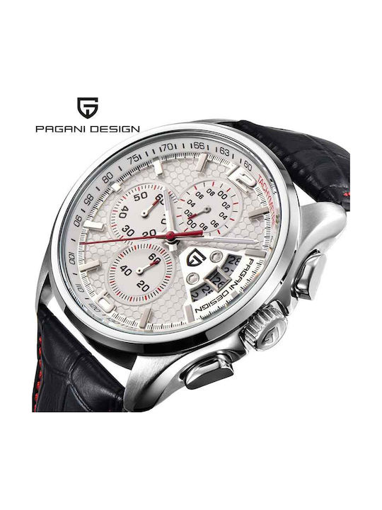 Pagani Design Ανδρικό Ρολόι 44mm Χρονογράφος Μπαταρίας με Δερμάτινο Λουράκι White
