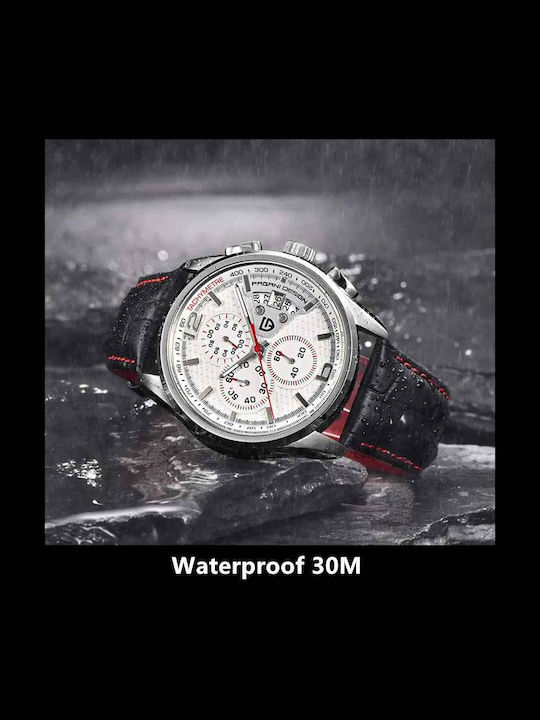 Pagani Design Ανδρικό Ρολόι 44mm Χρονογράφος Μπαταρίας με Δερμάτινο Λουράκι White