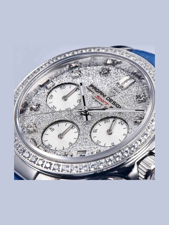 Pagani Design Ceas Dama 36mm Cronograf Baterie Cu Curea Din Piele Albastră