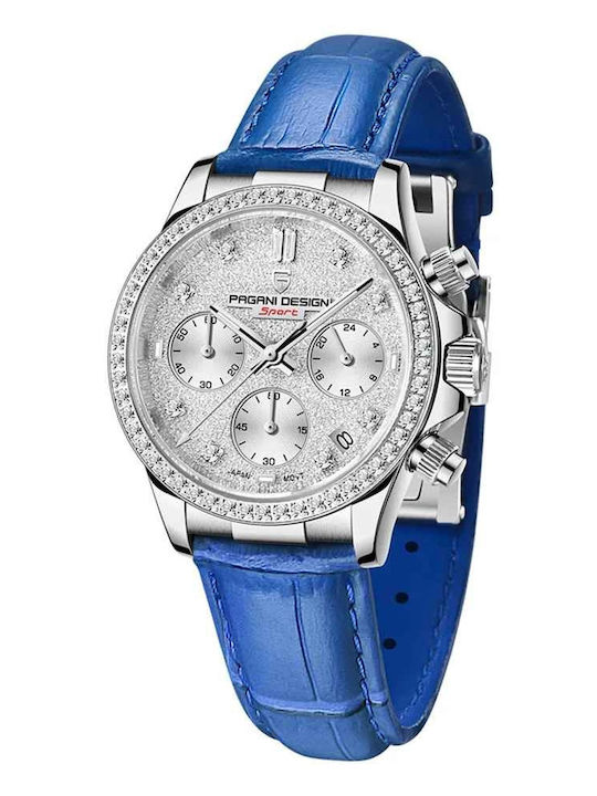 Pagani Design Ceas Dama 36mm Cronograf Baterie Cu Curea Din Piele Albastră