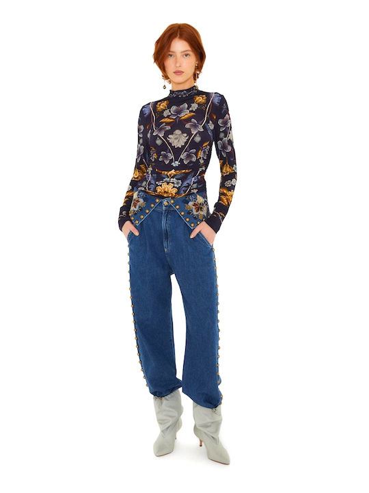 Women's Long Sleeve Floral Brown-Blue-Burgundy Blouse