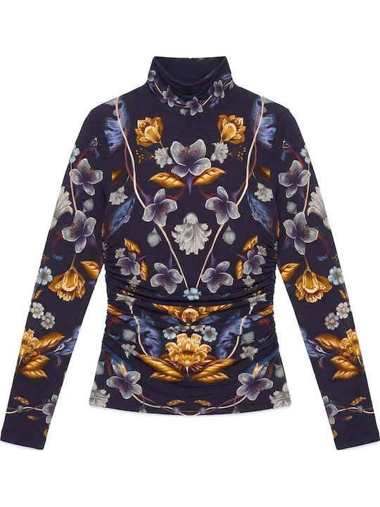 Women's Long Sleeve Floral Brown-Blue-Burgundy Blouse