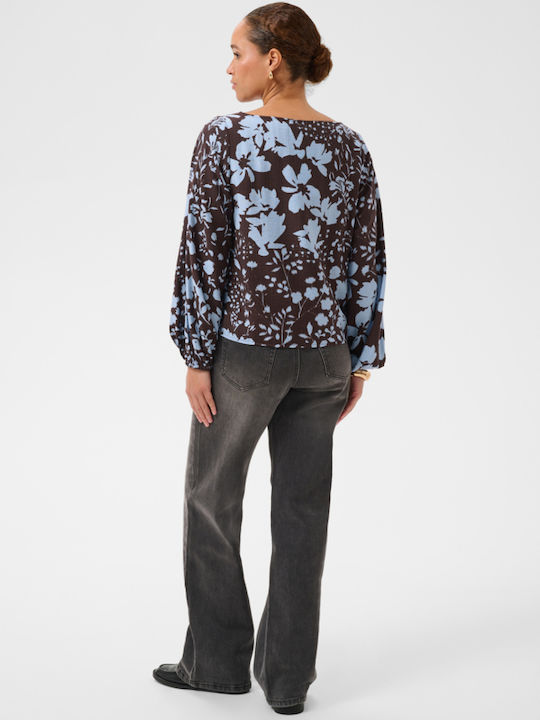 Women's Blouse Long Sleeve Floral Brown-Blue