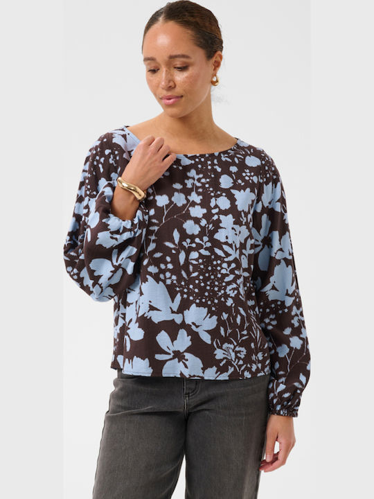 Women's Blouse Long Sleeve Floral Brown-Blue