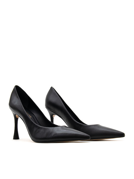 Leder Spitze Zehe Pumps mit Hochem Absatz Schwarz