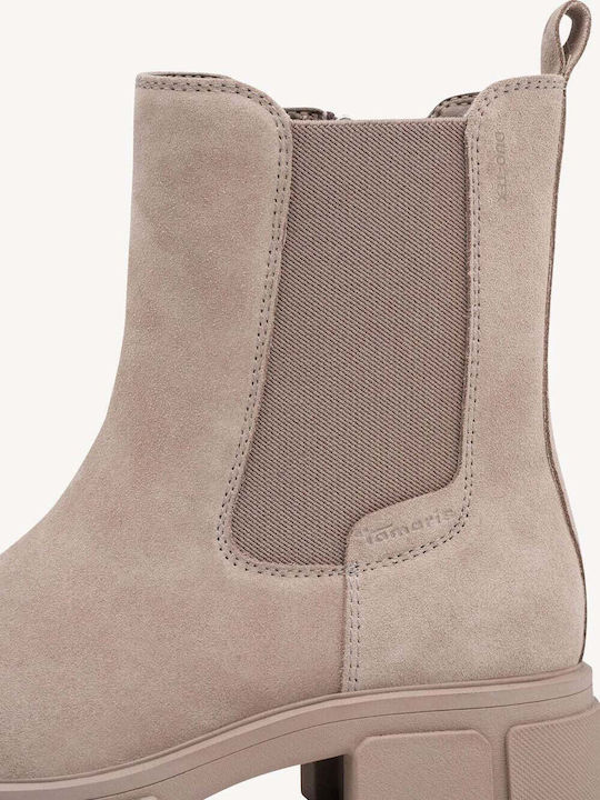 Leather Women's Chelsea Ankle Boots with Mid Heel Beige