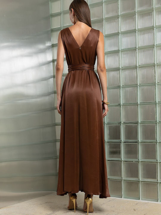 Summer Maxi Evening Slip Dress Satin Brown