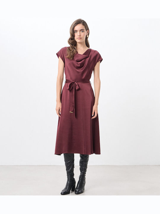 Rochie De Vară Midi De Seară Din Satin Drapat Burgundy