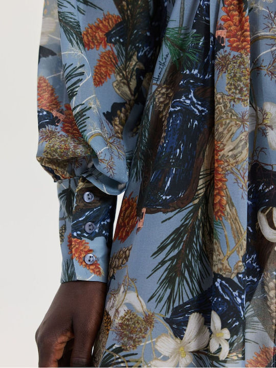 Summer Maxi Shirt Dress with Ruffles Light Blue Botanical Print
