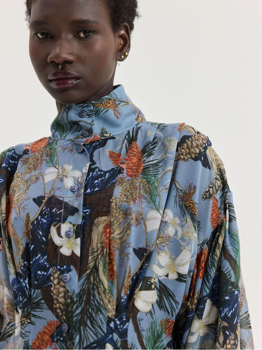 Summer Maxi Shirt Dress with Ruffles Light Blue Botanical Print