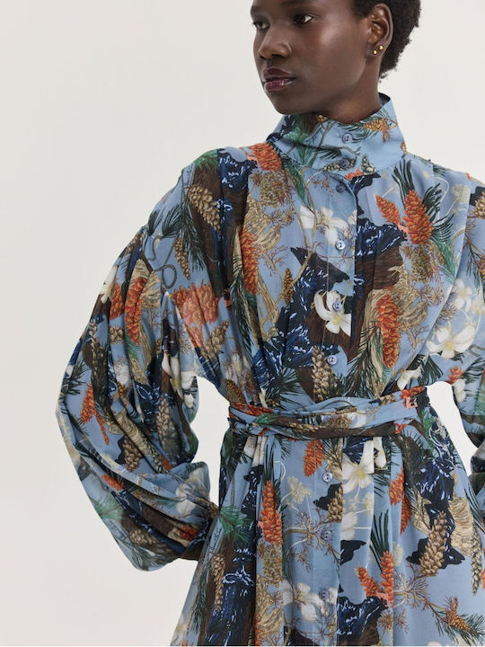 Summer Maxi Shirt Dress with Ruffles Light Blue Botanical Print