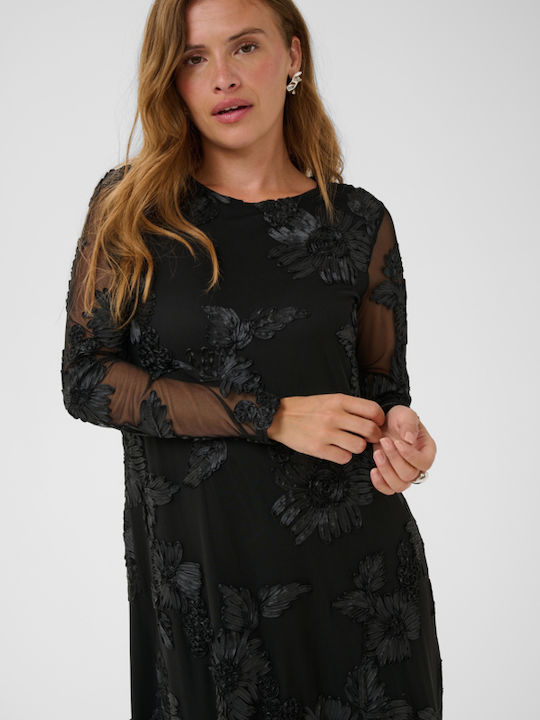 Summer Midi Evening Dress with Mesh Black