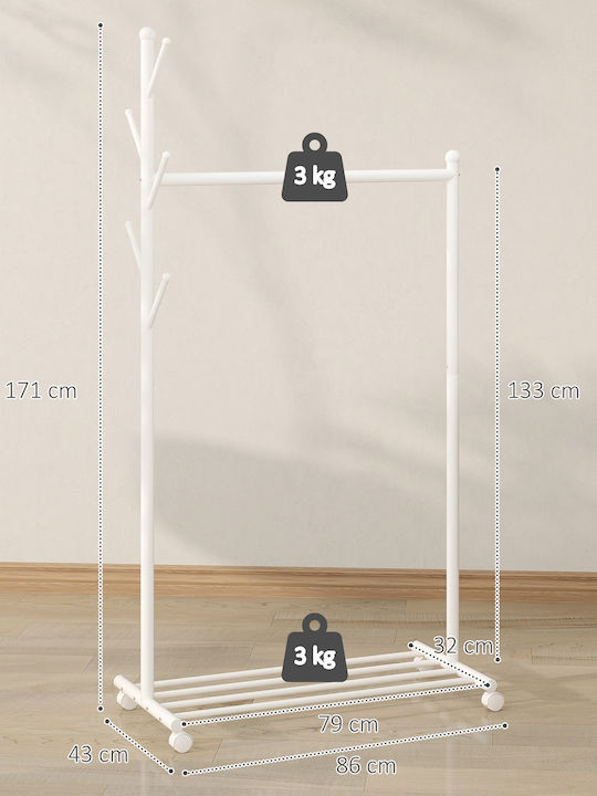 HomCom Cu Roți Rack pentru Îmbrăcăminte de Podea din Metal Albă 4.5cm
