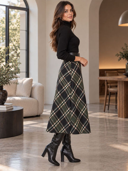 High Waist Midi Checked Skirt Cypress