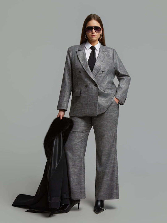 Mat Fashion Дълго Дамско Строено Сако Сребристо