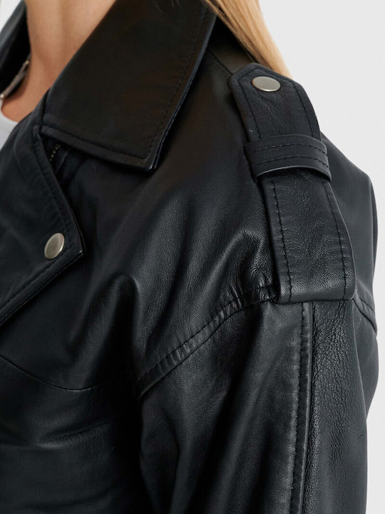 Δερμάτινο Γυναικείο Biker Jacket Μαύρο