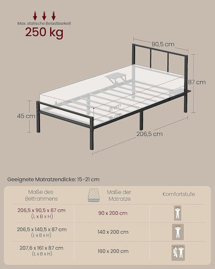 Single Metal Bed Black Navy Blue for Mattress 90x200cm