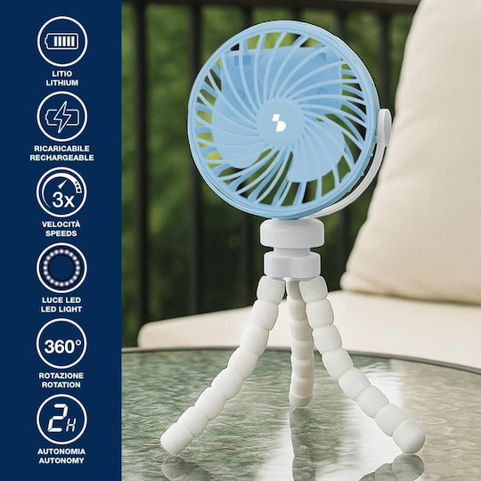Ventilator Portabil Mic Beper P206ven431 Picioare Flexibile Tip Trepied Reîncărcabil Usb-c 3 Viteze Rotație 360° Lumină Led Integrată Cărucior Copil Mașină Birou Camping Alb Albastru