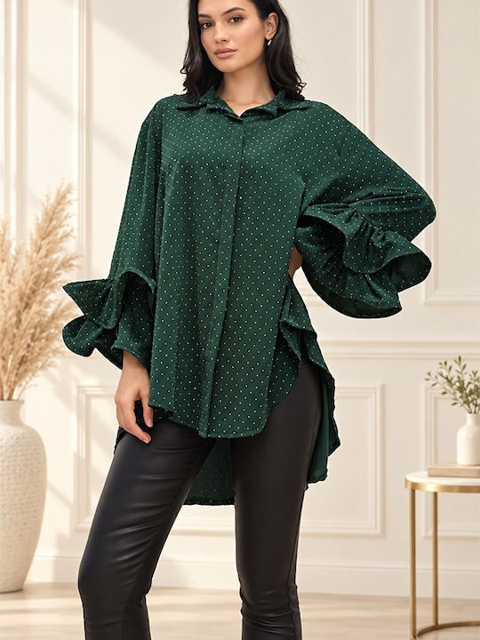 Дълъг Ръкав Дамска Кожена Риза Emerald Green