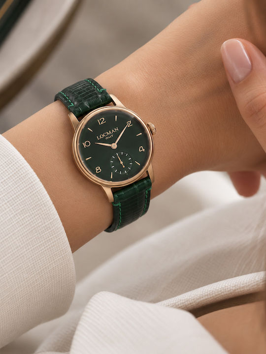 Locman Italy 1960 Lady Малък Секундарен Механизъм Три Ръце Кварцов Неръждаема Стомана PVD Циферблат Зелен Каишка Зелен Кожен Locman Italy 1960 Lady Малък Секундарен Механизъм Три Ръце Кварцов Неръждаема Стомана PVD Циферблат Зелен Каишка Зелен Кожен