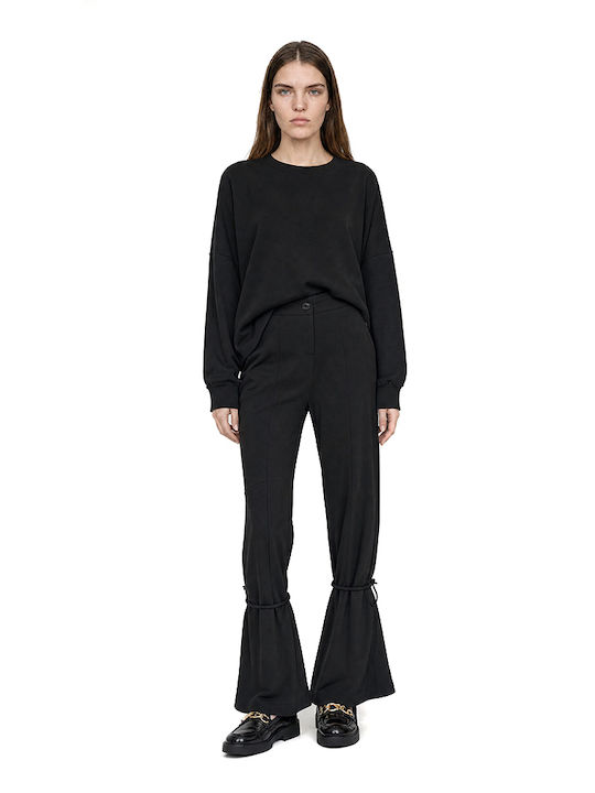 Damen Hochgeschnittenes Stoffhose mit Gummiband in Gerader Bein Stil Schwarz