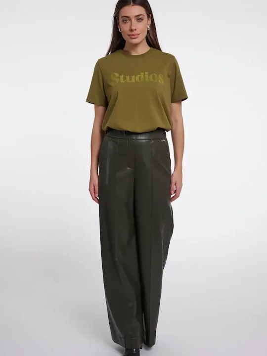 Women's High Rise Leather Pantaloons Dark Green