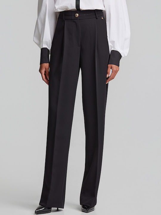 Women's High Rise Crepe Trousers in Loose Fit Black