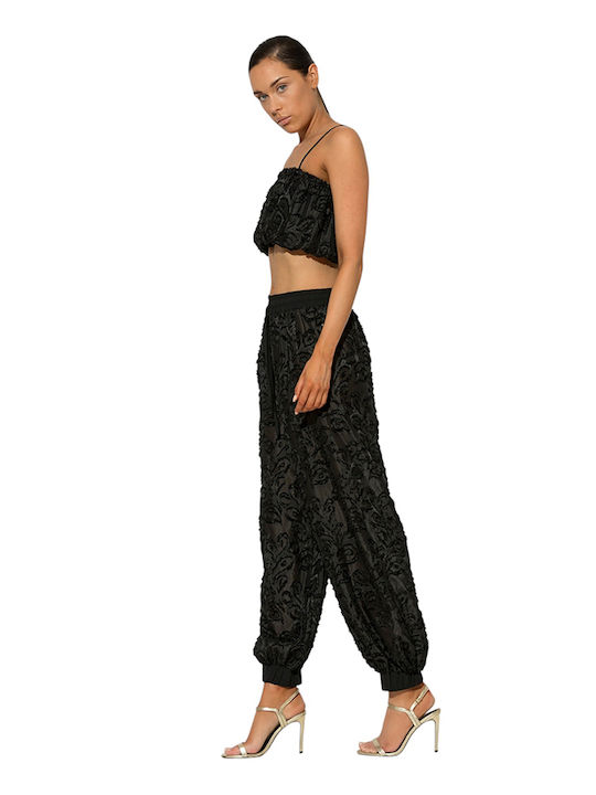 Damen Stoffhose mit Gummiband in Balloon Bein Stil Schwarz