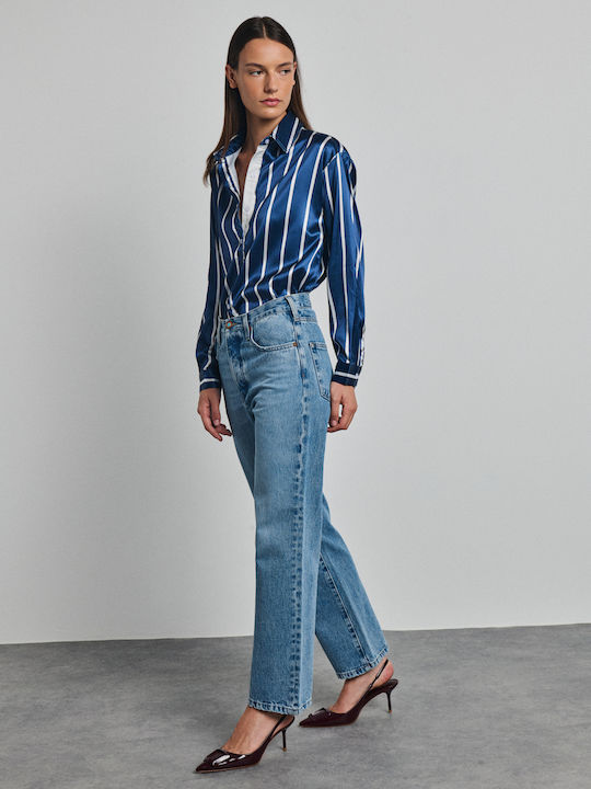 Langärmeliges Damenhemden Satin Blauen Gestreift