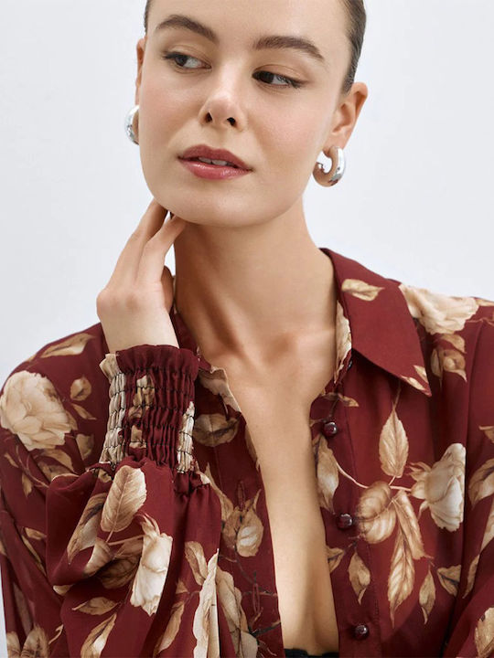 Cămașă De Damă Cu Mânecă Lungă Rust Floral
