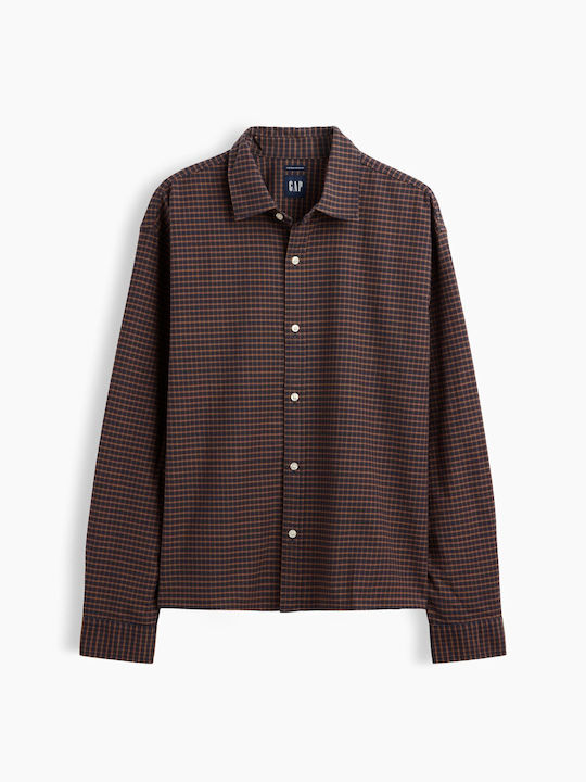 Long Sleeve Checked Brown & Navy Blue Plaid