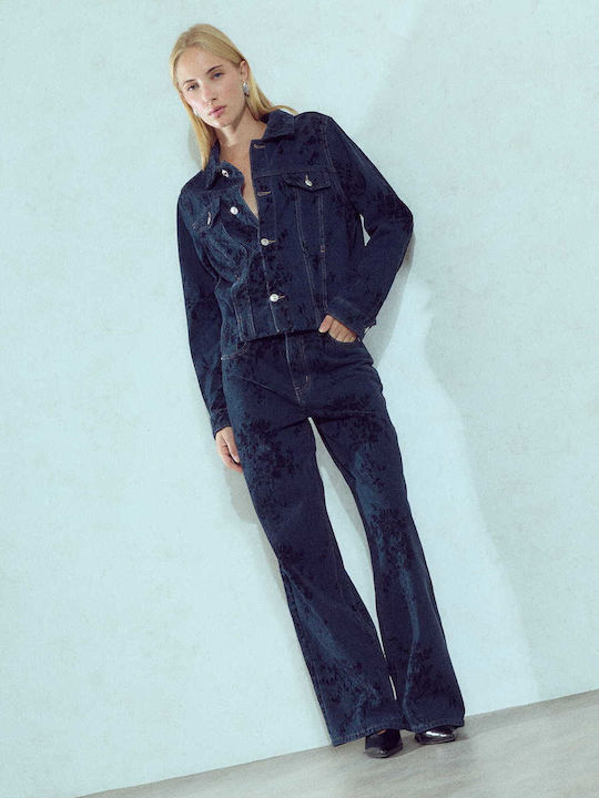 Γυναικείο Μπουφάν Denim Ανάγλυφες Λεπτομέρειες Σκούρο Μπλε