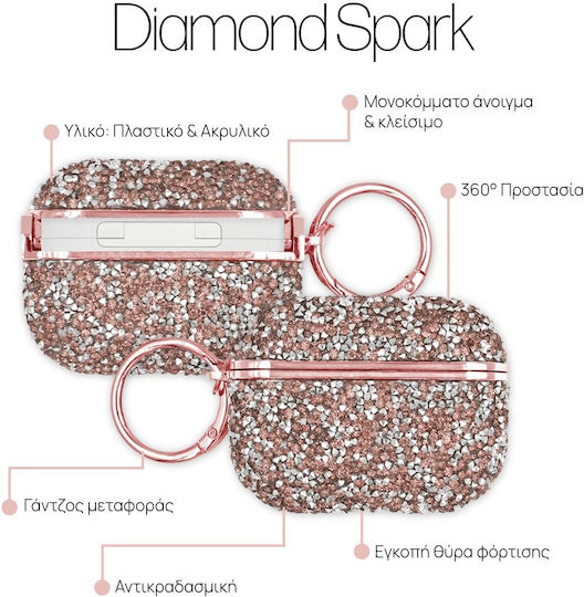 Sonique Diamond Spark Калъф Пластмасов С Кука В Розово Злато За Apple AirPods Pro 3