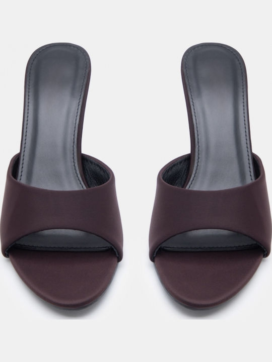 Satin Damen Pantoletten mit Hoch Absatz in Braune Farbe