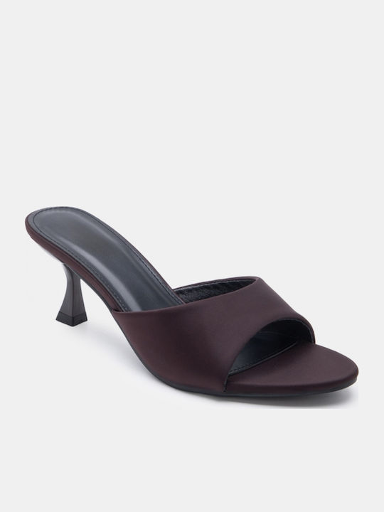 Satin Damen Pantoletten mit Hoch Absatz in Braune Farbe