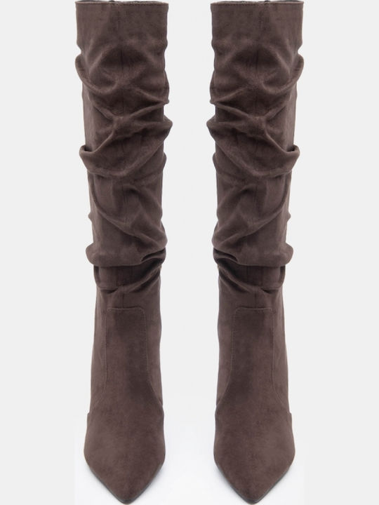 Suede Women's Boots with High Heel Khaki