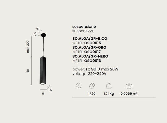 Ondaluce Aloa Висящо Осветително Тяло Бял с Цокъл GU10 6x6x200см.