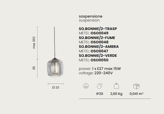 Ondaluce Bonnie Pendant Light Green with Socket E27 22cm